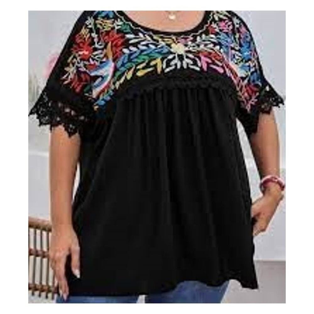 Shein Curve Black Embroidered Birds & Flowers Top Lace Sleeves Plus Size 5XL